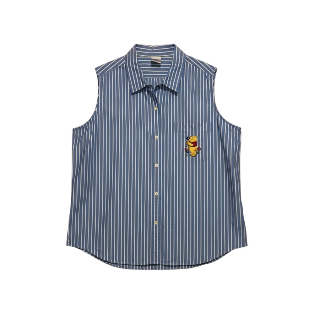 Disney Store Vintage Winnie the Pooh Sleeveless Button Up Top XXL Blue Stripe